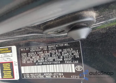 2012 Toyota Camry Se from USA, damaged, VIN 4T1BF1FK3CU119059